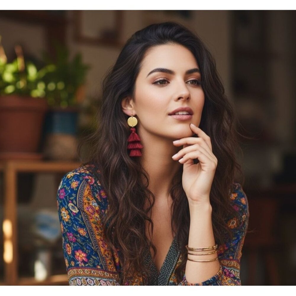 Maroon Boho Style Multi Layered Tassel Earrings